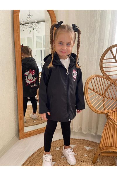 DUDOR KİDS Girl's Minnie Water and Windproof Black Trench Coat-Raincoat-Windbreaker