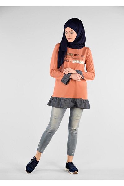 TRENDTESETTÜR Women's Orange (A.TILE) Flounced Text Printed Tracksuit Tunic 4915