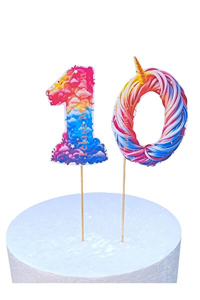 telaşe memuru Unicorn Temalı 10 Yaş Rakamı Pasta Süsü - 10 Yaş Kürdanlı Unicorn Pasta Süsü - Kalın Kağıt