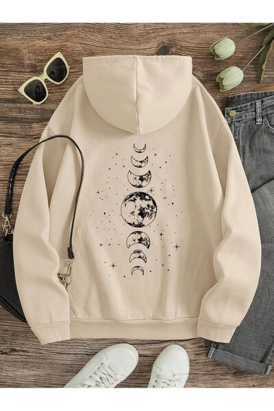 Mythologie Planet Phases Thick Winter Sweatshirt - Beige Printed Oversize Rib...