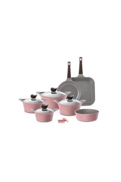 NEOFLAM Eni Granite Cookware Set With Glass Lid, 11 Pieces, Pink 16cm 20cm 24cm 28cm