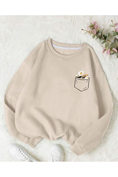 Mythologie Floral Pocket Design Thick Winter Sweatshirt - Beige Printed Overs...