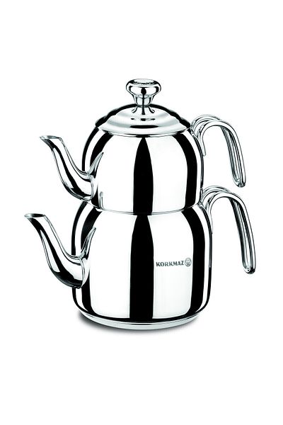 KORKMAZ Tea Pot Stainless Steel Dropa Set. Capacity 2.3 L / 1.1 L