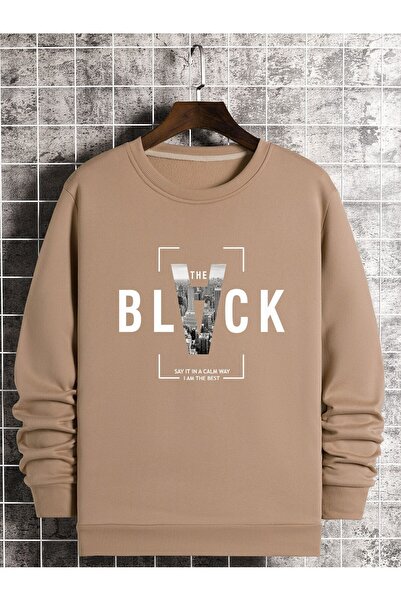 Mythologie The Black Thick Winter Sweatshirt - Beige Printed Oversized Crew Neck