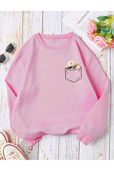 Mythologie Floral Pocket Design Thick Winter Sweatshirt - Pink Printed Oversi...