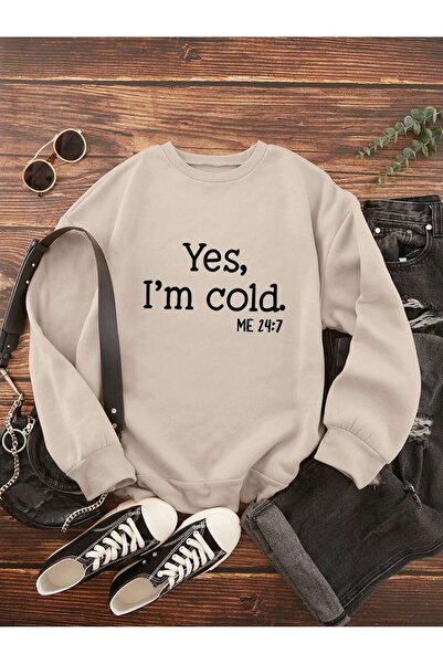 Mythologie I'M Cold Thick Winter Sweatshirt - Beige Printed Oversized Crew Neck