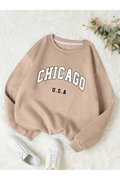 Mythologie Chicago U.S.A Thick Winter Sweatshirt - Beige Printed Oversized Cr...