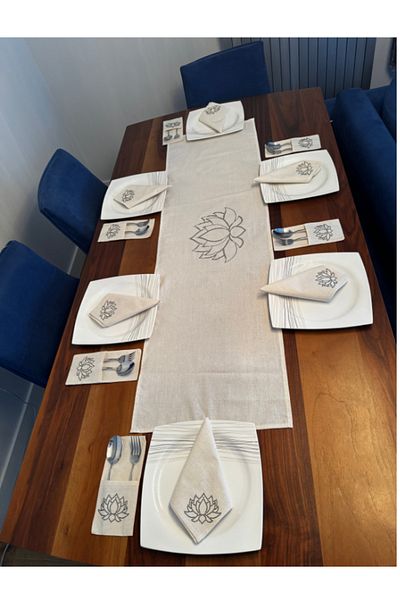 Menar Tasarım Lotus Flower Embroidered Runner Napkin Spoon Holder Serving Set 6 Person Design Tableware