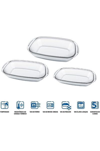NADİR NADIR  Rectangular Temperd Glass Bakeware Baking Glass Set Of 3PC NAR015