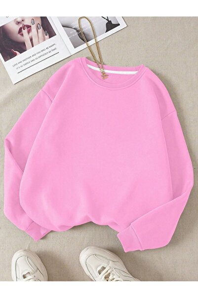 Mythologie Unprinted Thick Winter Sweatshirt - Pink Oversized Ribbed Crew Neck