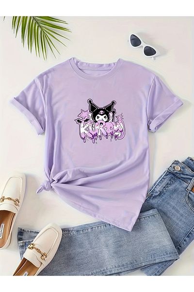 Let's Wear Тениска с кръгло деколте с розов текст Kuromi за момичета