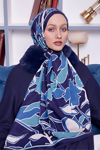 Levidor Lacivert Yaprak Desen Royal Şal