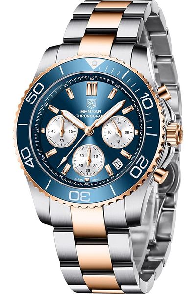 Benyar SUBJUGATION BENYAR Men's Quartz Chronograph Watch, 100M Waterproof, Stainless Steel/Rubber Band