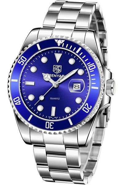 Benyar Men's Waterproof Quartz Business Watch, Stainless Steel Strap, Rotating Ceramic Ring