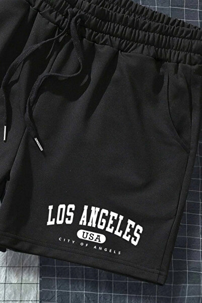 cc collection شورت أسود للجنسين بطبعة لوس أنجلوس