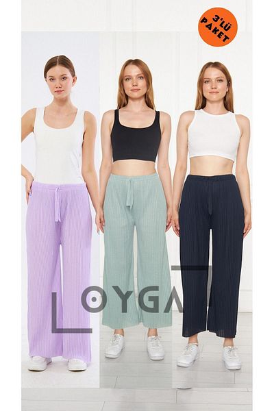 Oyga 3 Pack A.Purple - Water Green - Navy Blue γυναικεία παντελόνια με ραβδώσεις & φούτερ Casual πιτζάμες για το σπίτι