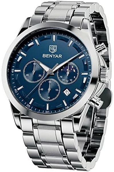 Benyar Men's Quartz Chronograph Watch, 100M Waterproof, Stainless Steel/Rubber Band, Blue