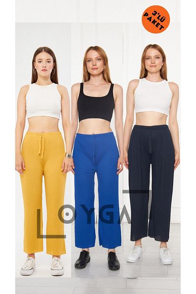 Oyga Yellow Sax Navy Blue - بيجامة نسائية مكونة من 3 قطع مضلعة وسراويل رياضية يومية