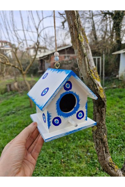 Home 2Pcs Small Wooden Bird House, for Garden Balcony Decor, Blue White Bird Nest