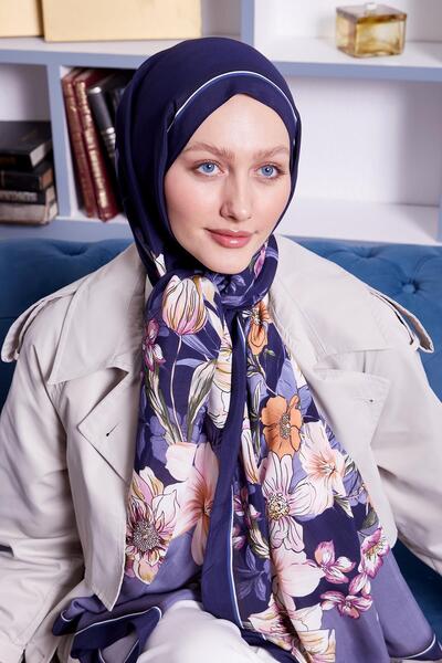 Levidor Lacivert Kenar Çiçek Desen Royal Şal