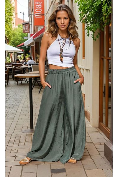 Pasaklı Giyim Women's Khaki Elastic Waist Pocket Wide Leg Loose Oversize Soft Textured Casual Pants 3391300