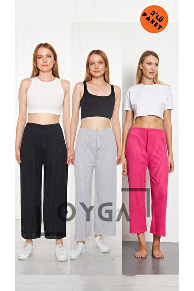 Oyga Pantaloni și pantaloni de trening pentru femei, negru-gri - roz caramel, 3 piese, îmbrăcăminte ocazională pentru acasă