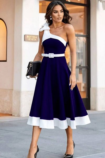 ALFUDO Moda Collection Women's Midi Bow Detailed Belted Evening Dress