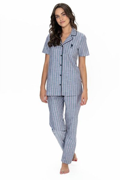 U.S. Polo Assn. Bumbac, nasturi în față, mâneci scurte, dungi, guler de cămașă, set de pijamale pentru femei