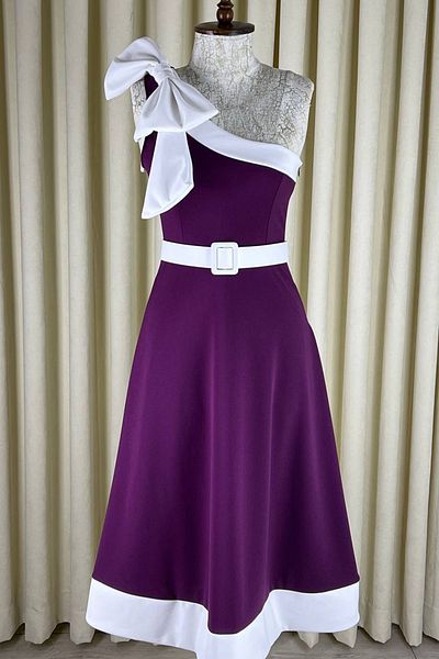 ALFUDO Moda Collection Women's Midi Bow Detailed Belted Purple Evening Dress