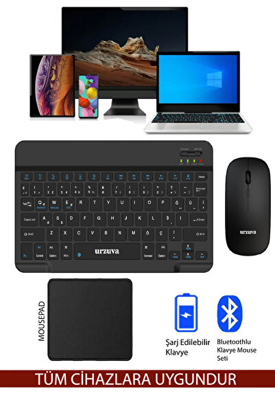 urzuva Tüm Cihazlara Uyumlu Şarj Edilebilir Bluetoothlu Kablosuz Klavye Mouse Set Mousepadli