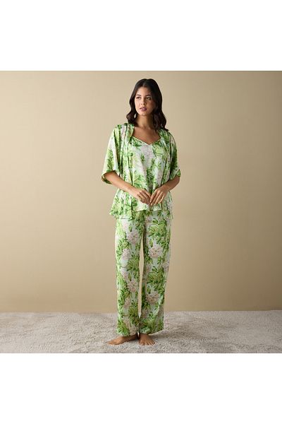FAV All-Over Floral Print Top with Robe and Pyjamas
