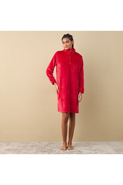 FAV Textured Long Sleeves Sleepshirt with Half Zip Closure