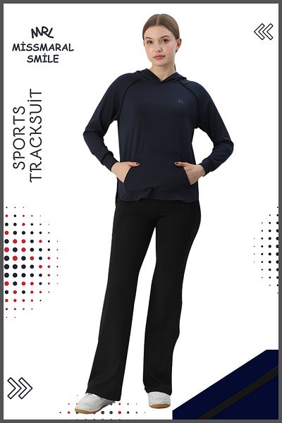 missmaral Set de trening sport pentru femei albastru bleumarin - picior spaniol, buzunar dublu, glugă, buzunar cangur 3053