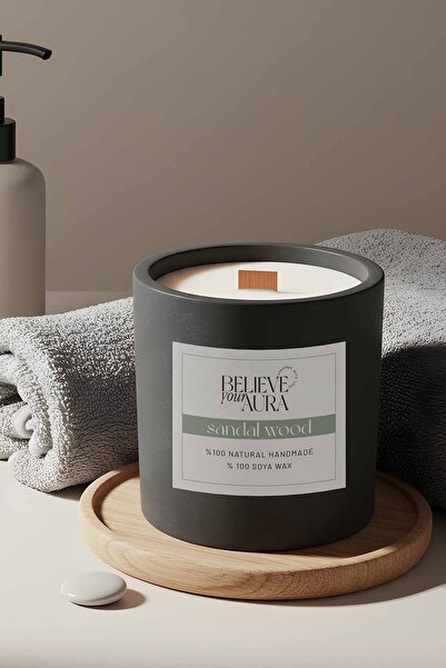 Sandalwood Scented Concrete Candle - 100% Natural Soy Wax Wood Wick Black Concrete Scented Candle - 400cc