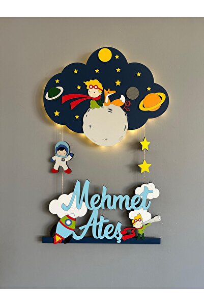 Atölye Selçukum Bulut Küçük Prens Işıklı Ahşap Bebek Kapı Süsü