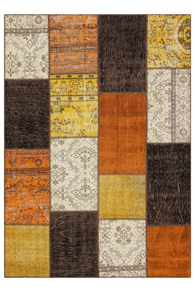 Grandhedefhalı Geneleksel El Dokuma Kahve Multi Rengi Patchwork Halı