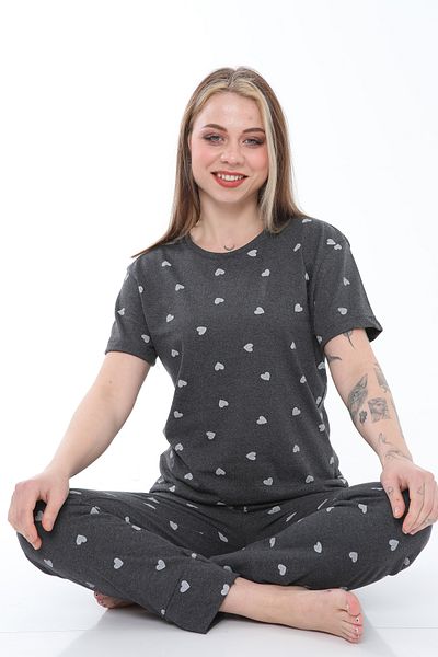 FAMESTEKSTİL Anthracite Heart Patterned Cotton Summer Pajama Set