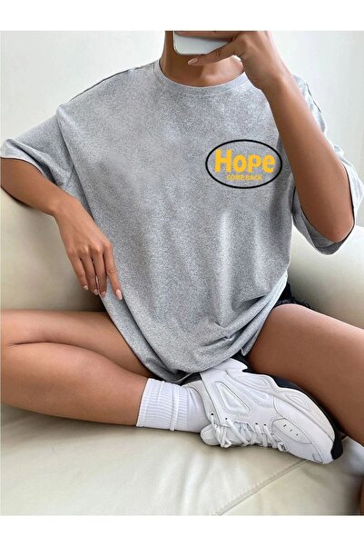 Nebulaa Tekstil Γυναικείο μπλουζάκι με στάμπα γκρι Hope Oversize