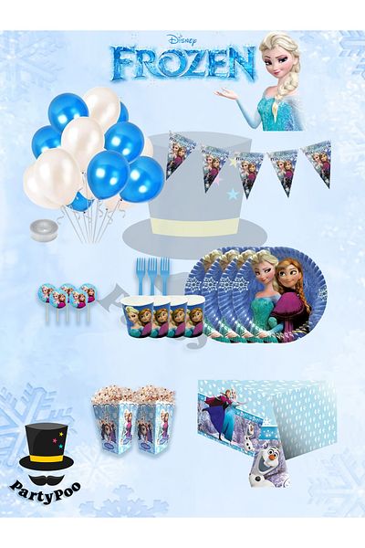 PartyPoo Frozen Elsa Midi Birthday Party Set - 8 People |   Elsa & Anna Themed Party Supplies