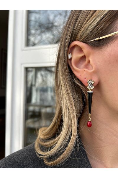 Jerie Gold Baguette Stone Black Enamel and Red Heel Detailed Earrings