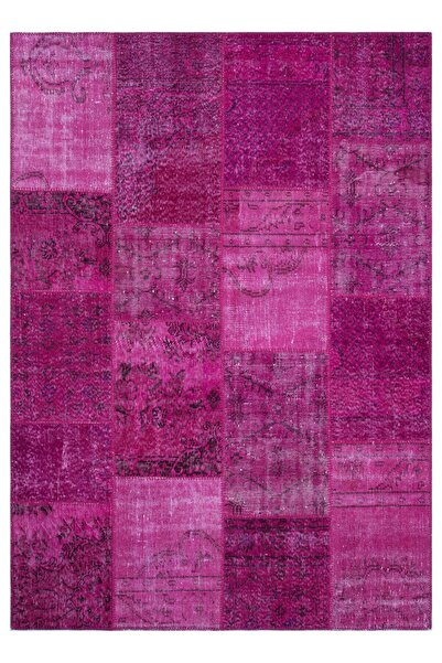Grandhedefhalı Geneleksel El Dokuma Fuşya Rengi Patchwork Halı