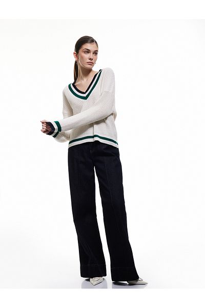 Koton Long Sleeve V-Neck Striped Knitwear Oversize Sweater