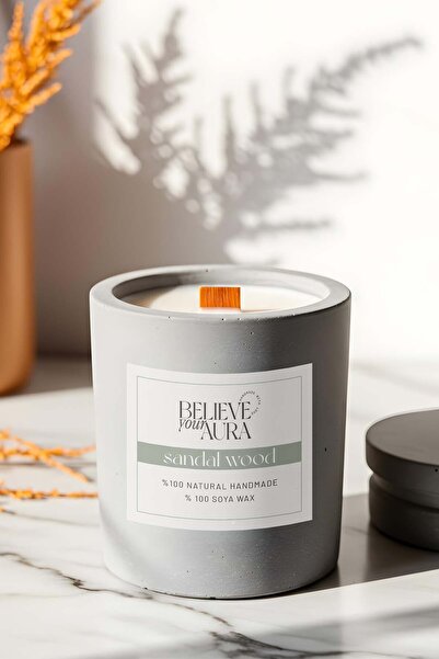 Believe Your Aura Sandal Ağacı Kokulu Beton Mum - %100 Doğal Soya Mumu Ahşap ...