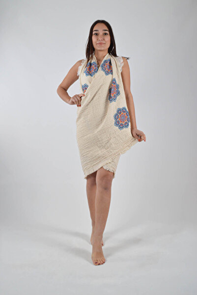 CASPARA Müslin Pamuklu Kumaş Peştemal I Ethnic Flower Desen I 90x180 I Yazlık Naturel Baskılı Peştemal