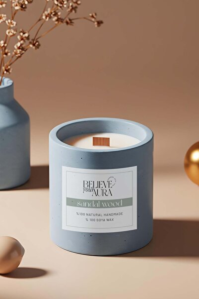 Believe Your Aura Sandal Ağacı Kokulu Beton Mum - %100 Doğal Soya Mumu Ahşap ...