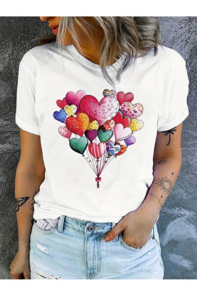 GALASHOP تي شيرت نسائي مطبوع عليه بالون قلب ملون