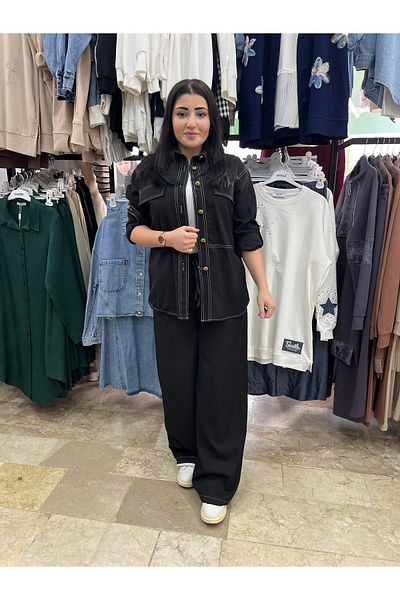 ERVA "بدلة نسائية من الدنيم باللون الأزرق الداكن - قميص بجيب وبنطلون واسع الساق"