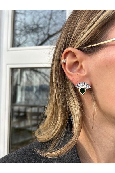 Jerie Mix Color Drop Figure Green Stone Minimal Earrings