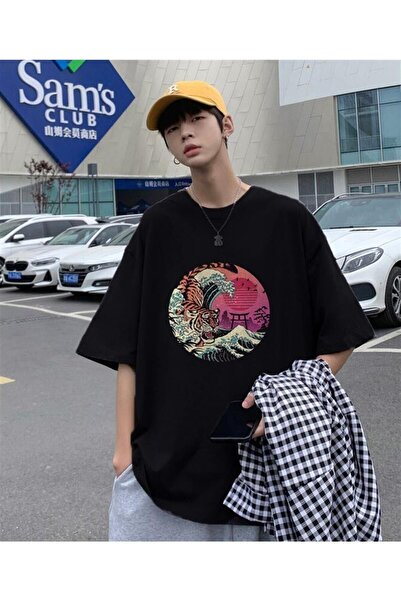 Nebulaa Tekstil Hokusai Tiger Black Unisex Oversize T-shirt