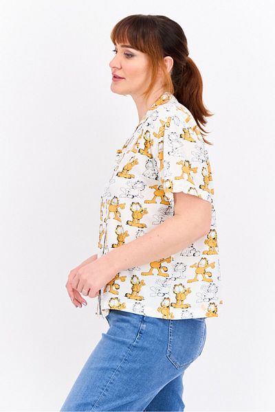 GARFIELD Women Notched Collar Short Sleeves Allover Print Shirt, White Combo